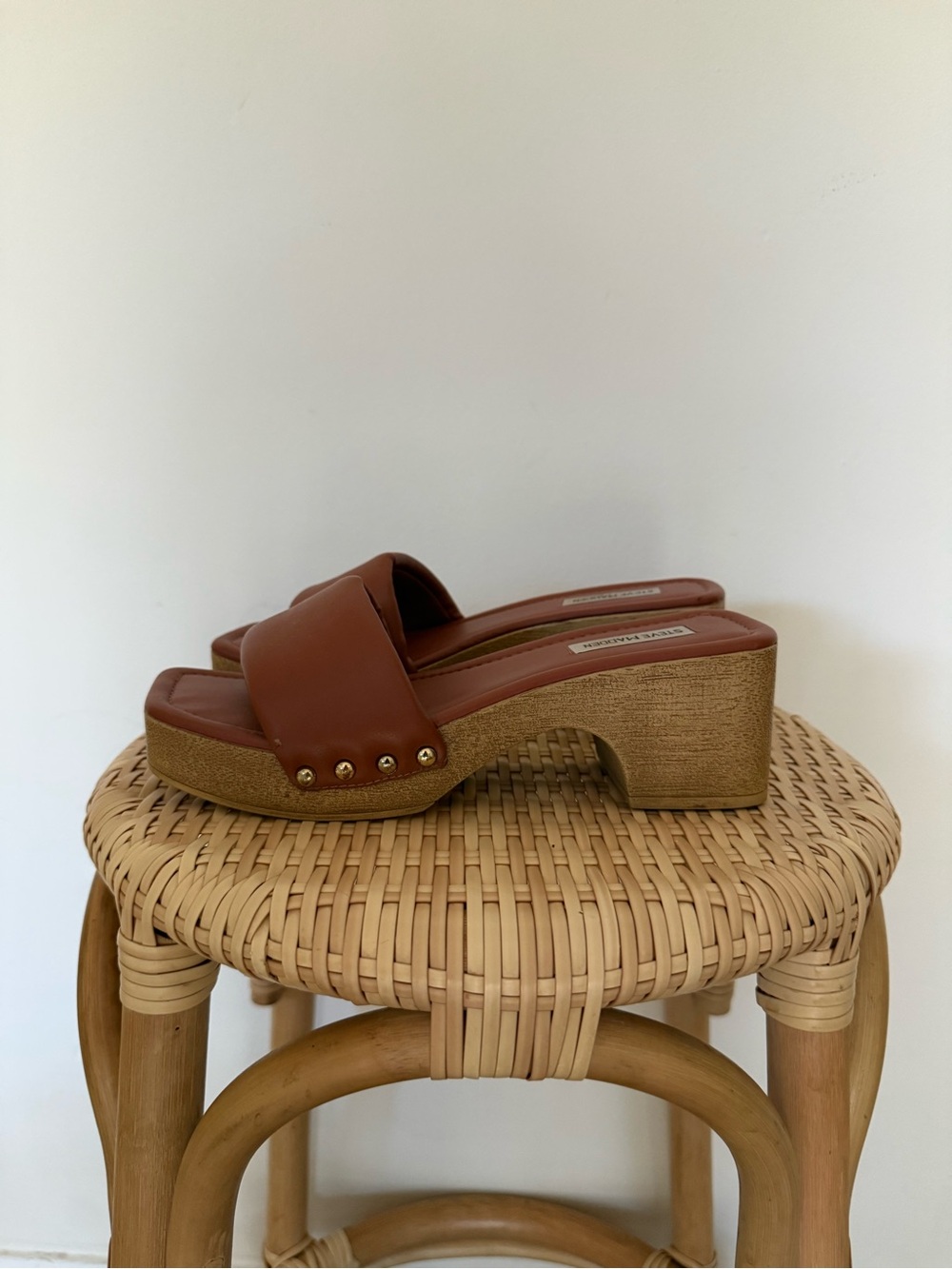 Steve Madden Brown Leather-Look Platform Slide Mules with Stud Accents
